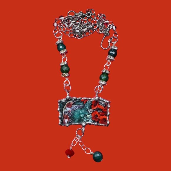Lena Liu Hummingbird Broken China Pendant  Bezel Red & Green Quartz Necklace - Picture 4 of 15